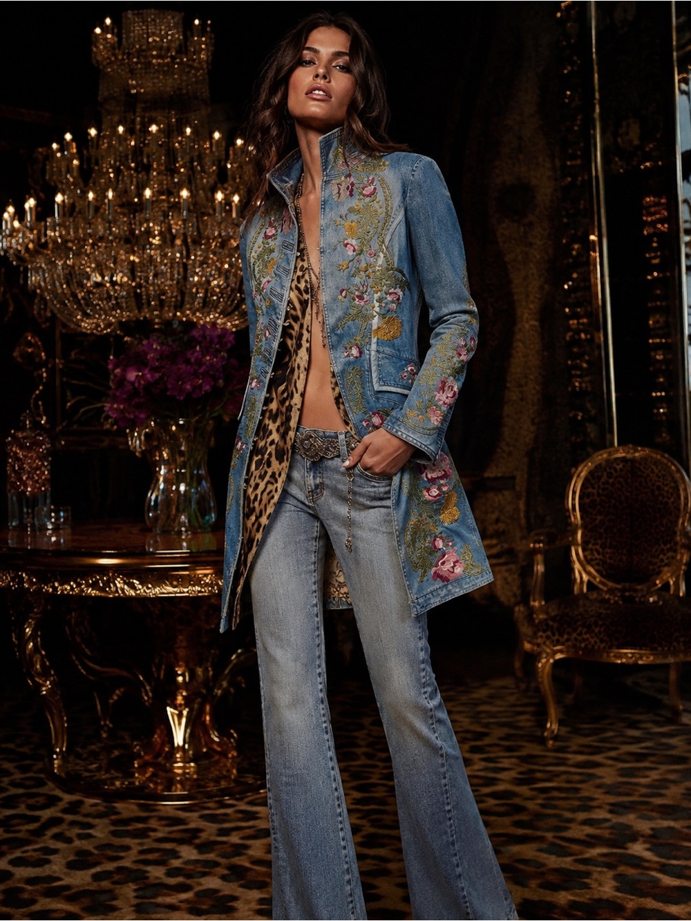 Roberto Cavalli Embroidered Blue Denim Coat with Leopard Lining vintage - Picture 2 of 11